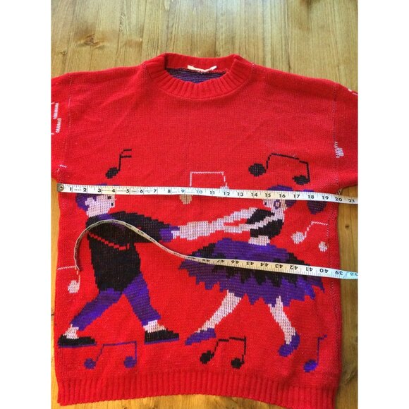 Vintage Red Knit Sweater Dance Music Theme Acrylic Novelty Design Made In USA - Picture 7 of 8